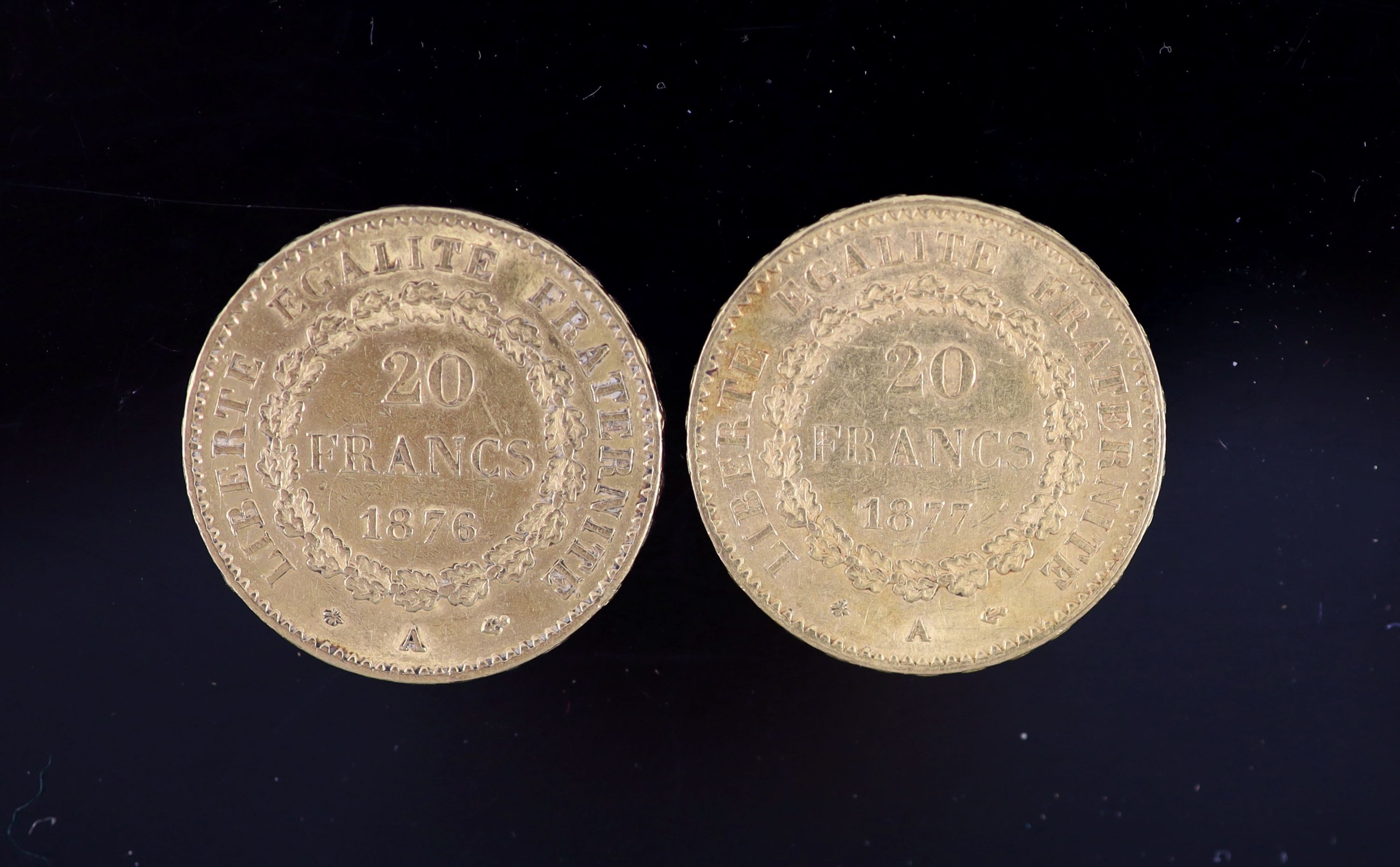 France coins, two gold 20 francs, 1876A, VF and 1877A, VF
